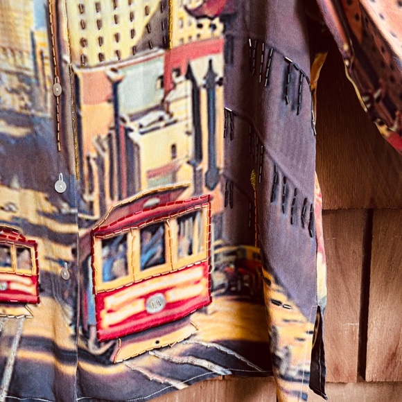 Vintage Printed San Fransisco Trolley Car Silk Gray Ivory Beaded Blouse Shirt L - Picture 3 of 15